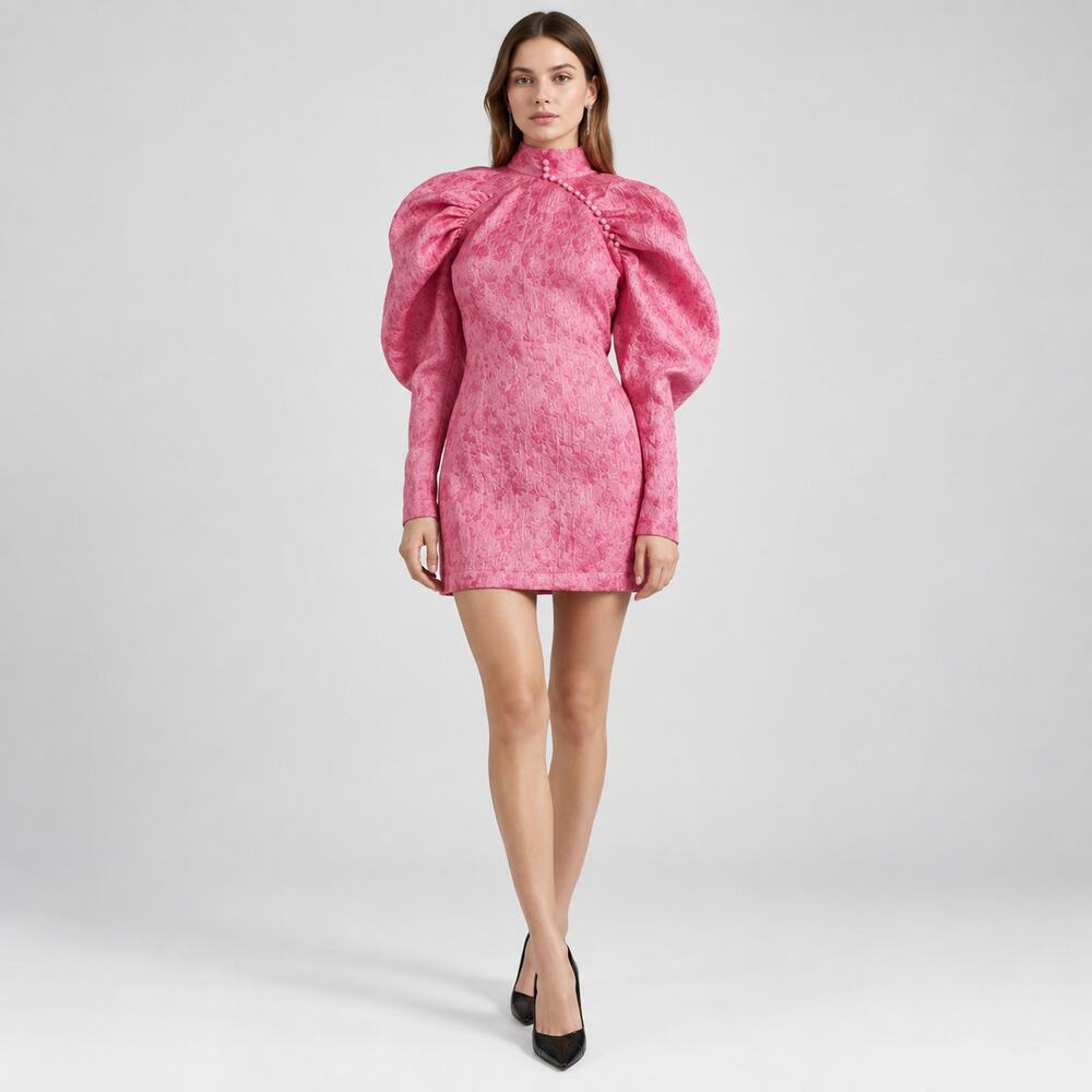 ROTATE Birger Christensen Pink Jacquard Puff Sleeve Mini Dress 4 NWOT